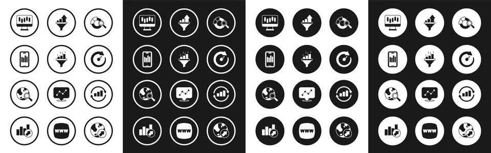 Set Search data analysis, Sales funnel with chart, Mobile graph, Stocks market Stock Illustration