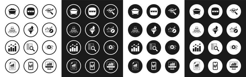 Set Search data analysis, Sales funnel with chart, Hierarchy organogram, Coal Illustrazione stock
