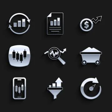 Set Search data analysis, Sales funnel with chart, Digital speed meter, Coal Stock Illustration