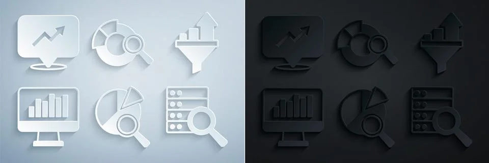 Set Search data analysis, Sales funnel with chart, Monitor graph, Server, and Illustrazione stock