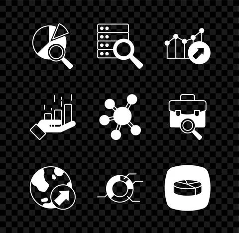 Set Search data analysis, Server, Financial growth, Pie chart infographic, and Stock Illustration