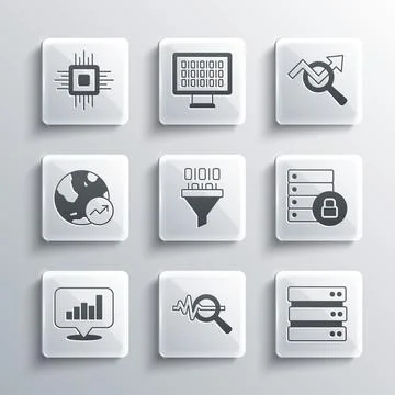 Set Search data analysis, Server, security with padlock, Binary code, Pie chart Stock Illustration