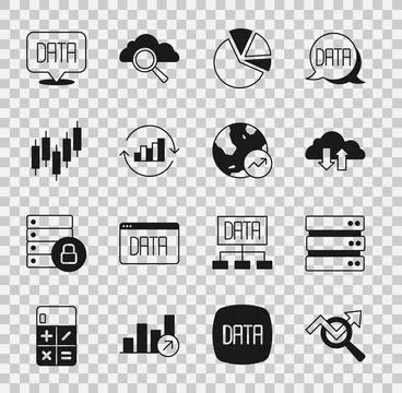 Set Search data analysis, Server, Cloud download and upload, Pie chart Stock Illustration
