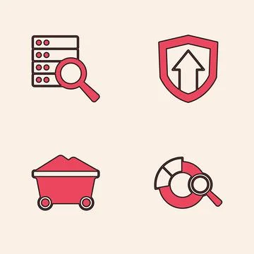 Set Search data analysis, Server, Financial growth and Coal mine trolley ic.. Stock Illustration