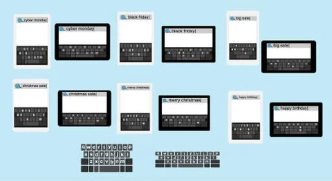 Set search on different models flat black and white computer tablets Stock Illustration