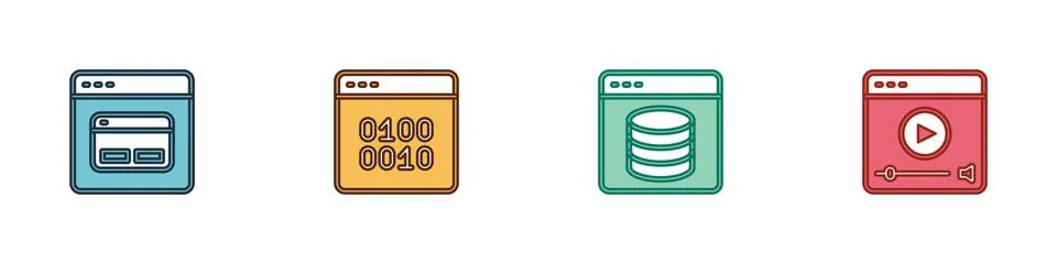 Set Search engine, Binary code, Server, Data, Web Hosting and Online play video Stockillustratie