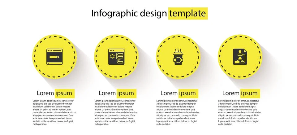 Set Search engine, Browser setting, Coffee cup to go and Flowchart. Business  Stock Illustration