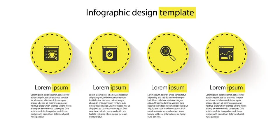 Set Search engine, Browser with shield, Magnifying glass and delete and Stock Illustration