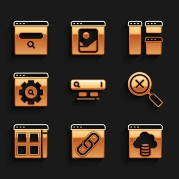 Set Search engine, Browser window, Cloud technology data transfer, Magnifying Stock Illustration