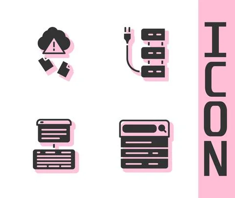 Set Search engine, Cloud hacking, Server, Data, Web Hosting and icon. Vector Stock Illustration