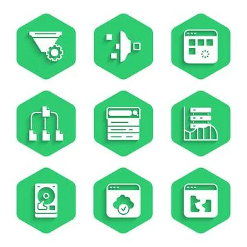 Set Search engine, Cloud technology data transfer, Broken file, Server, Data Illustrazione stock