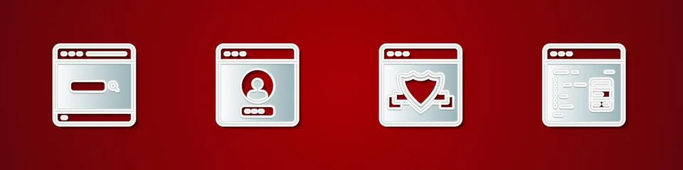 Set Search engine, Create account screen, Browser with shield and Software icon Stock Illustration
