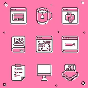 Set Search engine, Cup of tea with tea bag, Python programming language, Books Stock Illustration