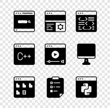 Set Search engine, Debugging, Software, Browser files, Clipboard with check.. Stock Illustration