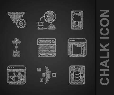 Set Search engine, Filter setting, Server, Data, Web Hosting, Browser files Stock Illustration