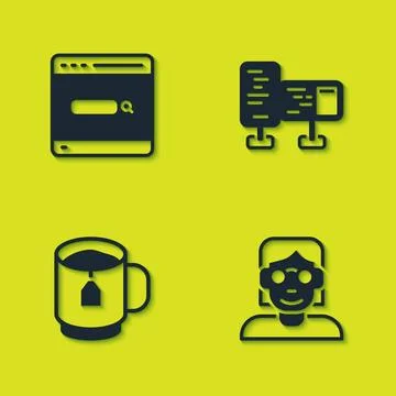 Set Search engine, Hacker or coder, Cup of tea with tea bag and Computer monitor 스톡 일러스트