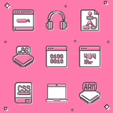 Set Search engine, Headphones, Flowchart, Processor with microcircuits CPU 스톡 일러스트