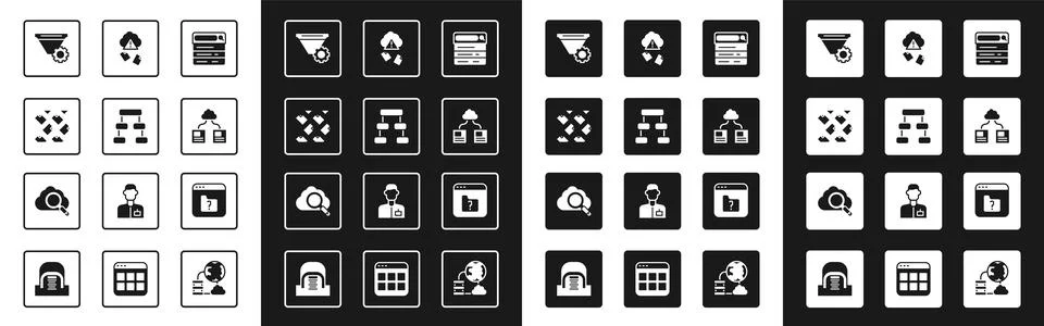 Set Search engine, Hierarchy organogram chart, Data stream, Filter setting Stock Illustration