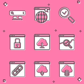 Set Search engine, Magnifying glass with check mark, Secure your site HTTPS, SSL Ilustração Stock
