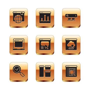 Set Search engine, Magnifying glass with check mark, Browser window, UI or UX Stock Illustration