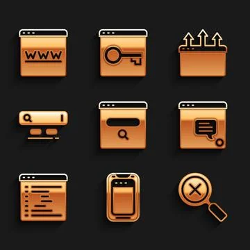 Set Search engine, Mobile phone, Magnifying glass and delete, New chat mess.. Illustrazione stock