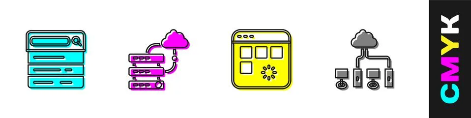 Set Search engine, Network cloud connection, Loading data window and Computer Illustrazione stock