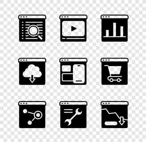 Set Search engine, Online play video, Graph chart infographic, Browser window Stock Illustration