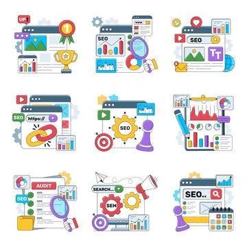 Set of Search Engine Optimization Flat Illustrations Stock Illustration