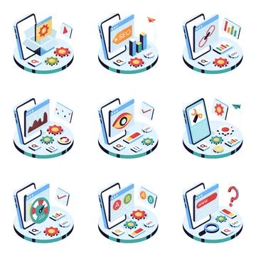 Set of Search Engine Optimization Isometric Illustrations Stock Illustration