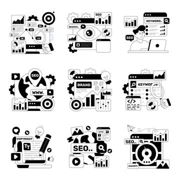 Set of Search Engine Optimization Solid Illustrations Stock Illustration