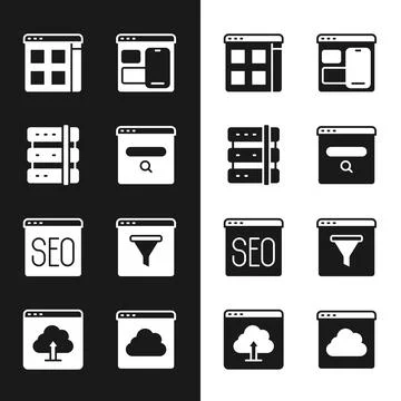 Set Search engine, Server, Browser files, Web developer programming code, SEO Illustrazione stock