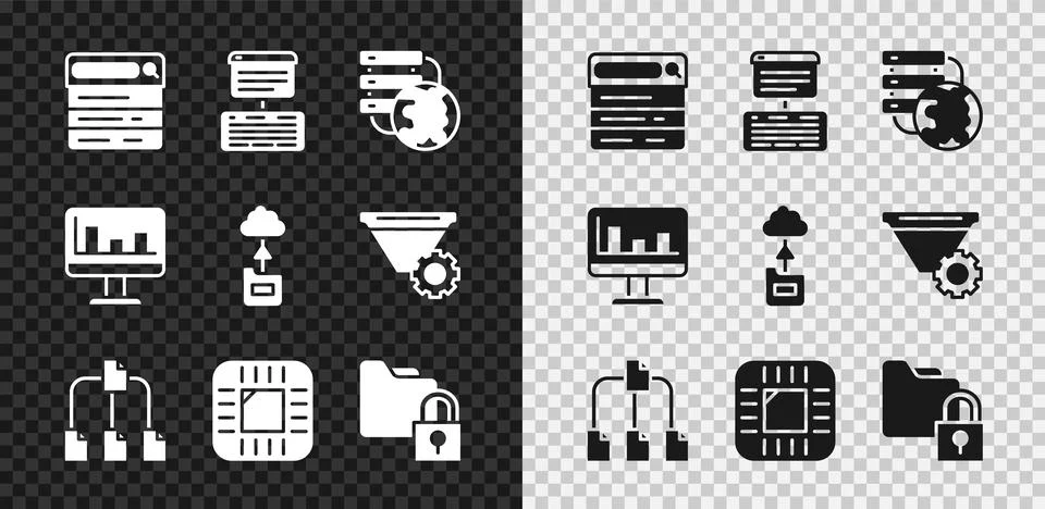 Set Search engine, Server, Data, Web Hosting, Network cloud connection, Folder Stock Illustration