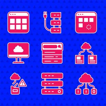 Set Search engine, Server, Data, Web Hosting, Cloud technology data transfer Stock Illustration