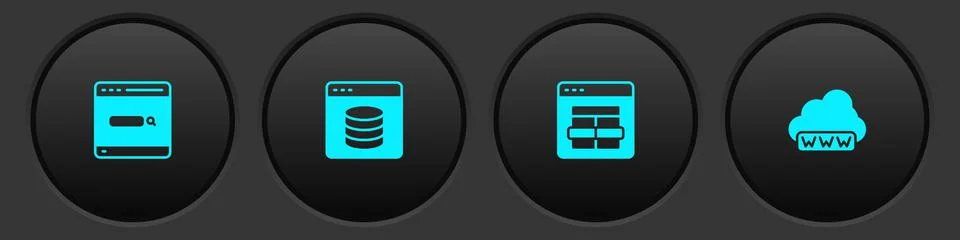 Set Search engine, Server, Data, Web Hosting, MySQL code and development icon Stock Illustration