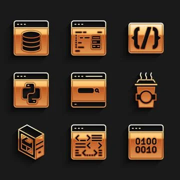 Set Search engine, Software, Binary code, Coffee cup to go, Computer, Python Stock Illustration