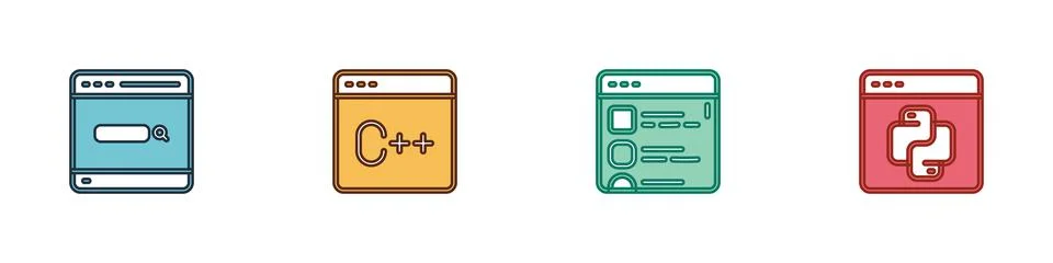 Set Search engine, Software, Browser files and Python programming language icon Stock Illustration