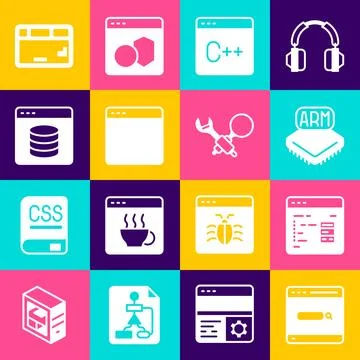 Set Search engine, Software, Processor, Browser window, Server, Data, Web H.. Illustrazione stock