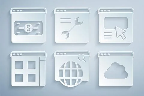 Set Search engine, UI or UX design, Browser files, Cloud technology data tran Stock Illustration