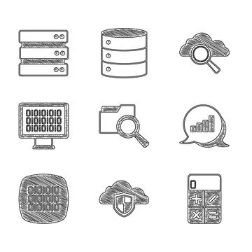 Set Search with folder, Cloud and shield, Calculator, Pie chart infographic Stock Illustration