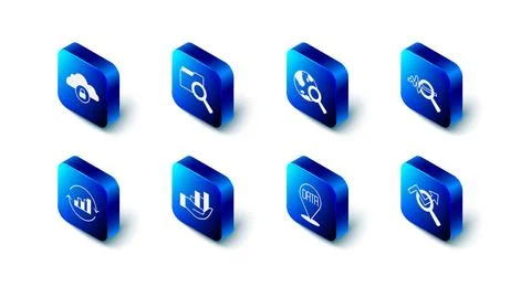 Set Search with folder, globe, data analysis, Data, Pie chart infographic, and Stock Illustration