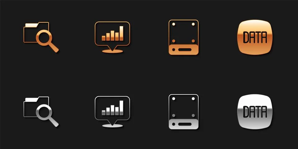 Set Search with folder, Pie chart infographic, Server and Data analysis ico.. Stock Illustration