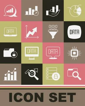Set Search with folder, Processor CPU, Data analysis, Pie chart infographic Stock Illustration
