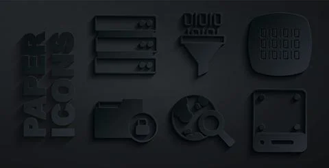 Set Search globe, Binary code, Folder and lock, Server,  and  icon. Vector Stock Illustration