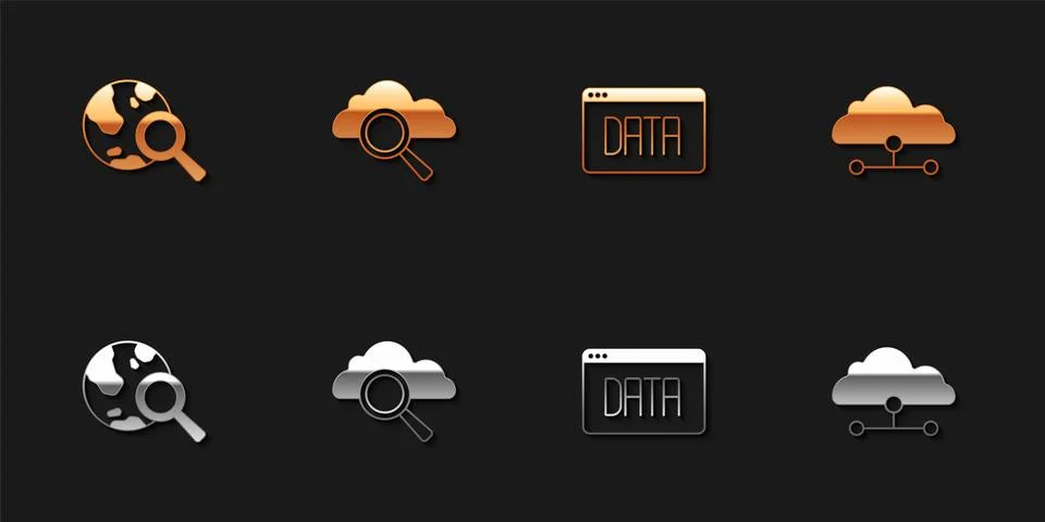 Set Search globe, cloud computing, Data analysis and Network connection icon 库存插图