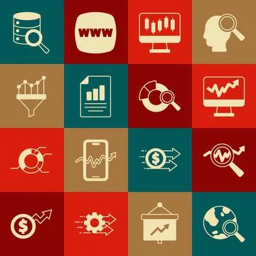 Set Search globe, data analysis, Monitor with graph chart, Stocks market growth Illustrazione stock