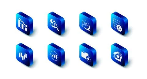 Set Search globe, Data analysis, Server security with padlock, Financial gr.. Stock Illustration