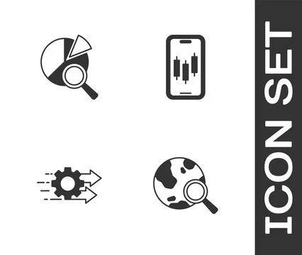 Set Search globe, data analysis, Time management and Mobile stock trading i.. Stock Illustration