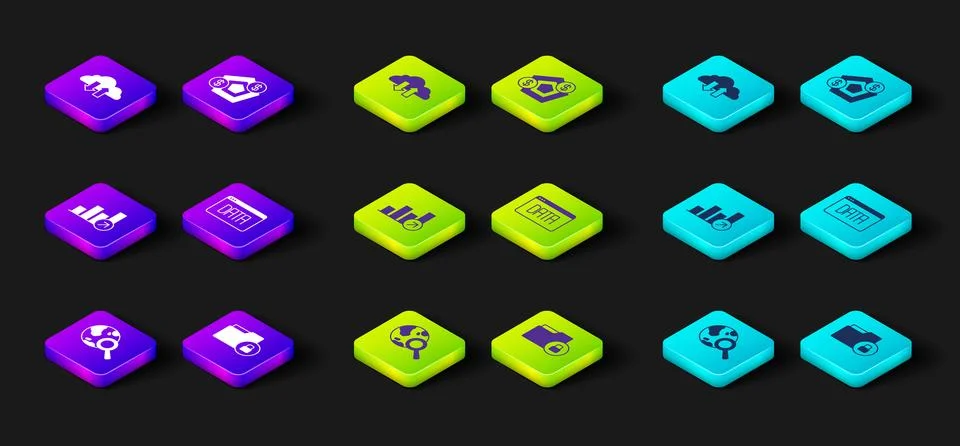 Set Search globe, Folder and lock, Financial growth, Data analysis, and Cloud 스톡 일러스트