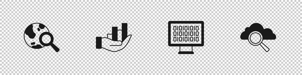 Set Search globe, Pie chart infographic, Binary code and cloud computing icon Illustrazione stock