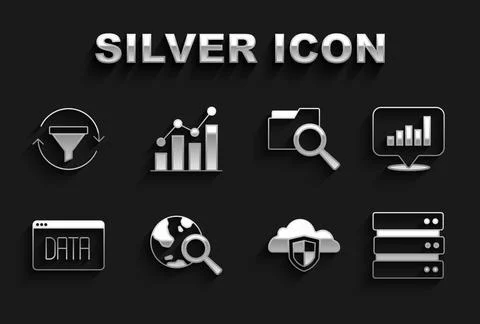 Set Search globe, Pie chart infographic, Server, Cloud and shield, Data ana.. Illustrazione stock